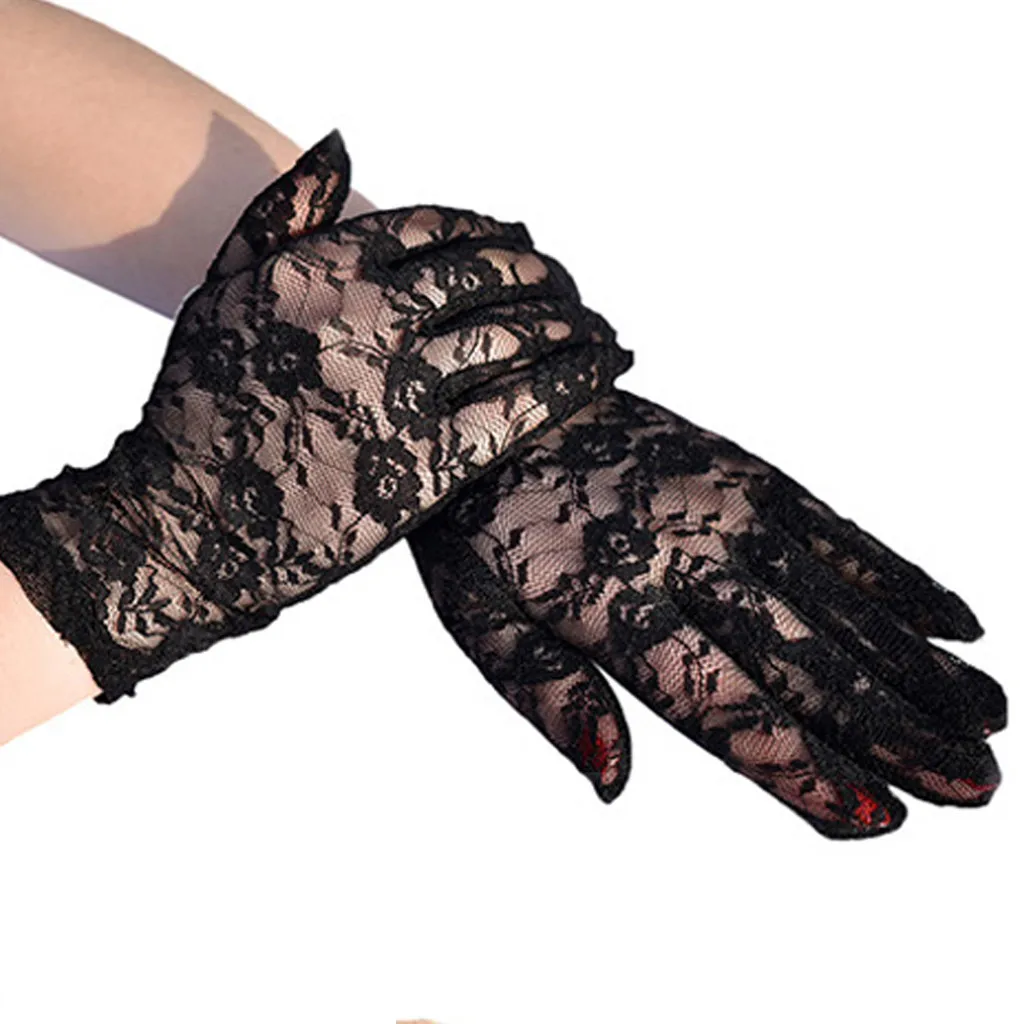 Women Vintage Sheer Short Lace Gloves Derby Tea Party Wrist Length Floral Gloves For Dinner Fancy Costume Accessories Gloves