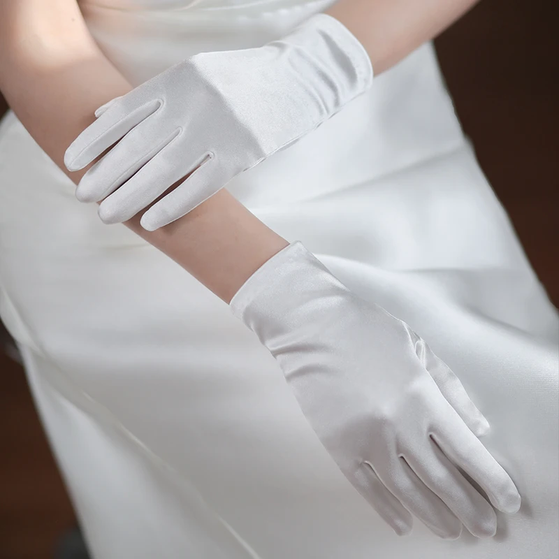 Elegant Satin Bridal Bridesmaid Wedding White Short Gloves Finger Wrist Women Pageant Perform Prom Drive Etiquette Accessories