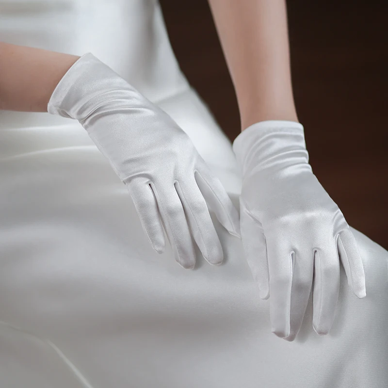 Elegant Satin Bridal Bridesmaid Wedding White Short Gloves Finger Wrist Women Pageant Perform Prom Drive Etiquette Accessories