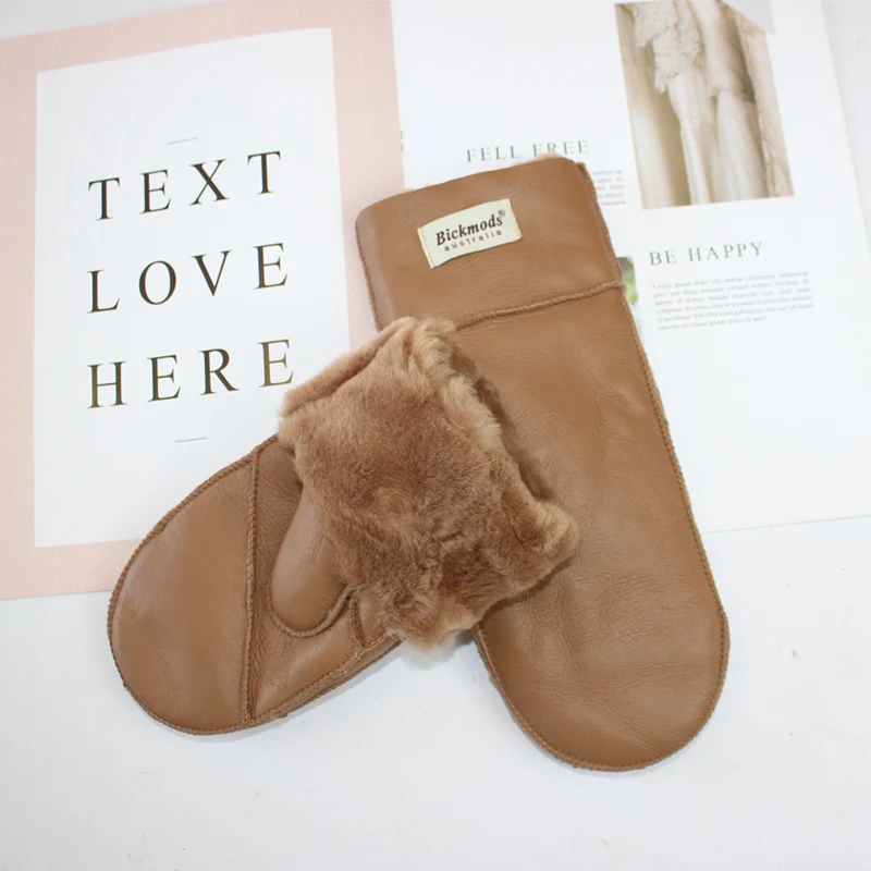 New Leather Women's Fur Gloves Winter Sheepskin Stitching Thick Warm Wool Lining Cold-Proof Mittens