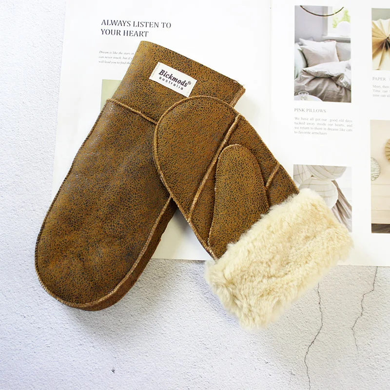 New Leather Women's Fur Gloves Winter Sheepskin Stitching Thick Warm Wool Lining Cold-Proof Mittens