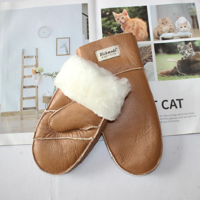 New Leather Women's Fur Gloves Winter Sheepskin Stitching Thick Warm Wool Lining Cold-Proof Mittens