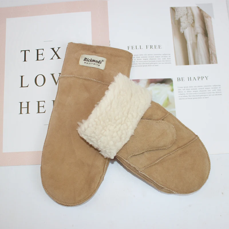 New Leather Women's Fur Gloves Winter Sheepskin Stitching Thick Warm Wool Lining Cold-Proof Mittens