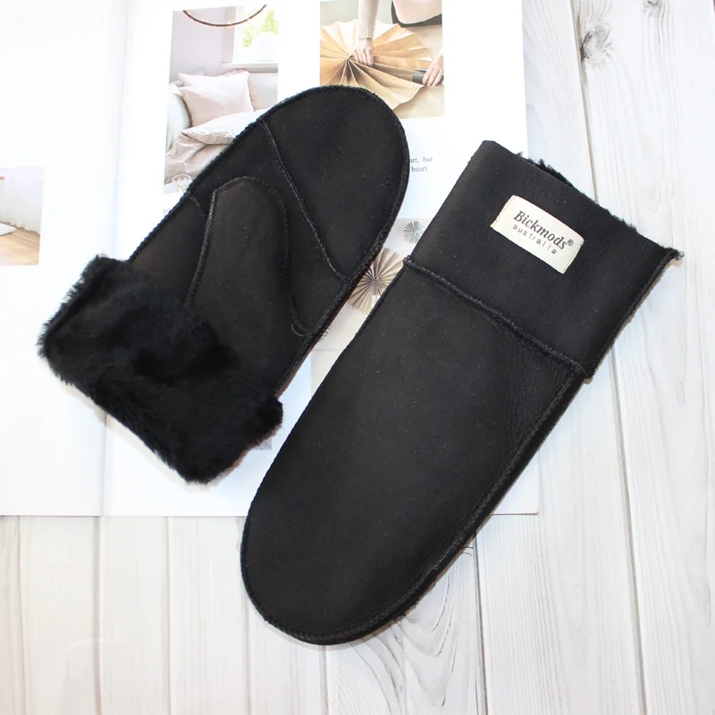 New Leather Women's Fur Gloves Winter Sheepskin Stitching Thick Warm Wool Lining Cold-Proof Mittens