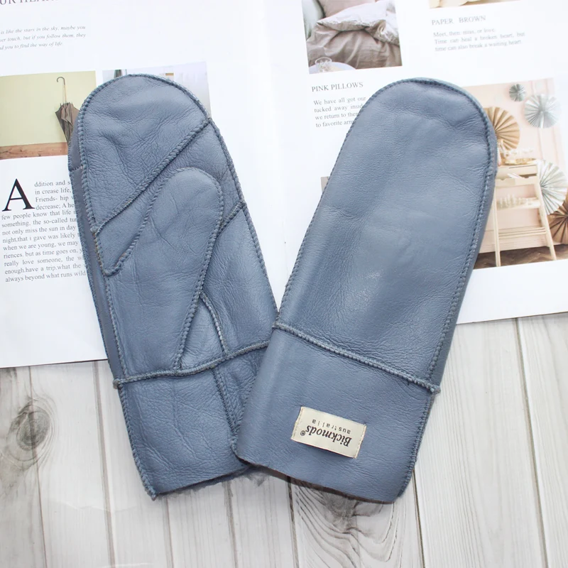 New Leather Women's Fur Gloves Winter Sheepskin Stitching Thick Warm Wool Lining Cold-Proof Mittens
