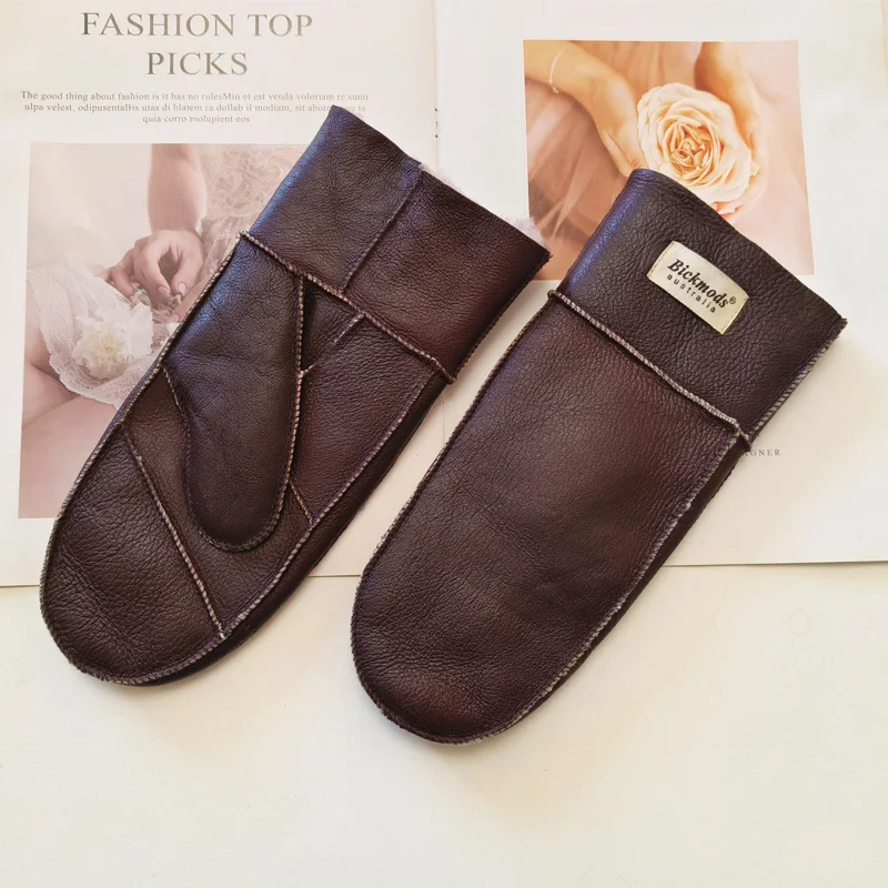 New Leather Women's Fur Gloves Winter Sheepskin Stitching Thick Warm Wool Lining Cold-Proof Mittens