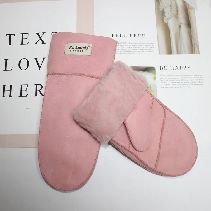 New Leather Women's Fur Gloves Winter Sheepskin Stitching Thick Warm Wool Lining Cold-Proof Mittens