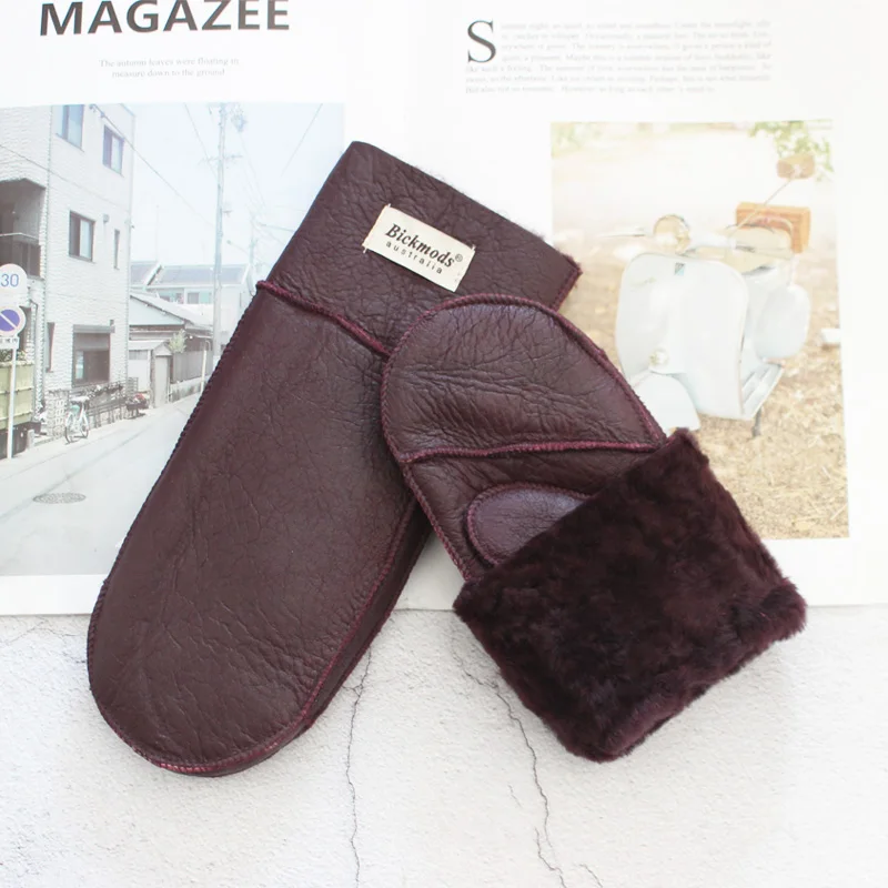 New Leather Women's Fur Gloves Winter Sheepskin Stitching Thick Warm Wool Lining Cold-Proof Mittens
