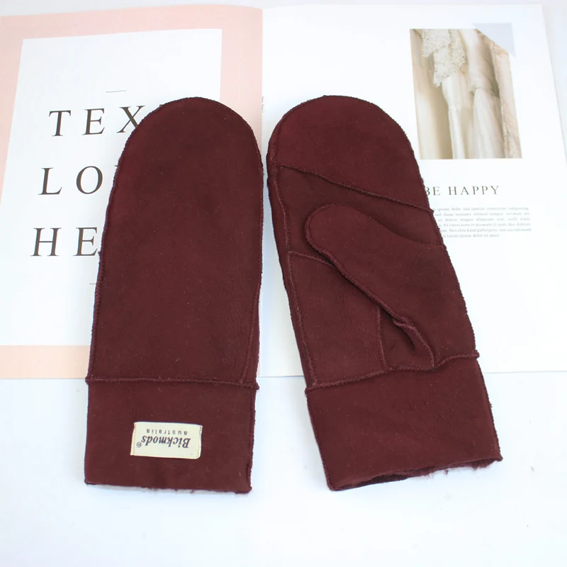 New Leather Women's Fur Gloves Winter Sheepskin Stitching Thick Warm Wool Lining Cold-Proof Mittens