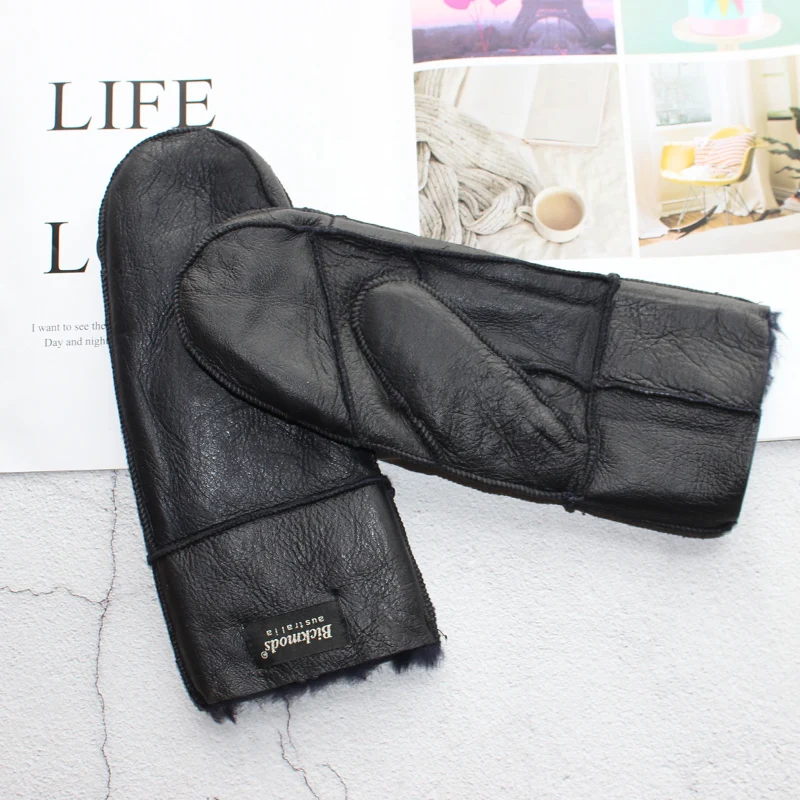New Leather Women's Fur Gloves Winter Sheepskin Stitching Thick Warm Wool Lining Cold-Proof Mittens