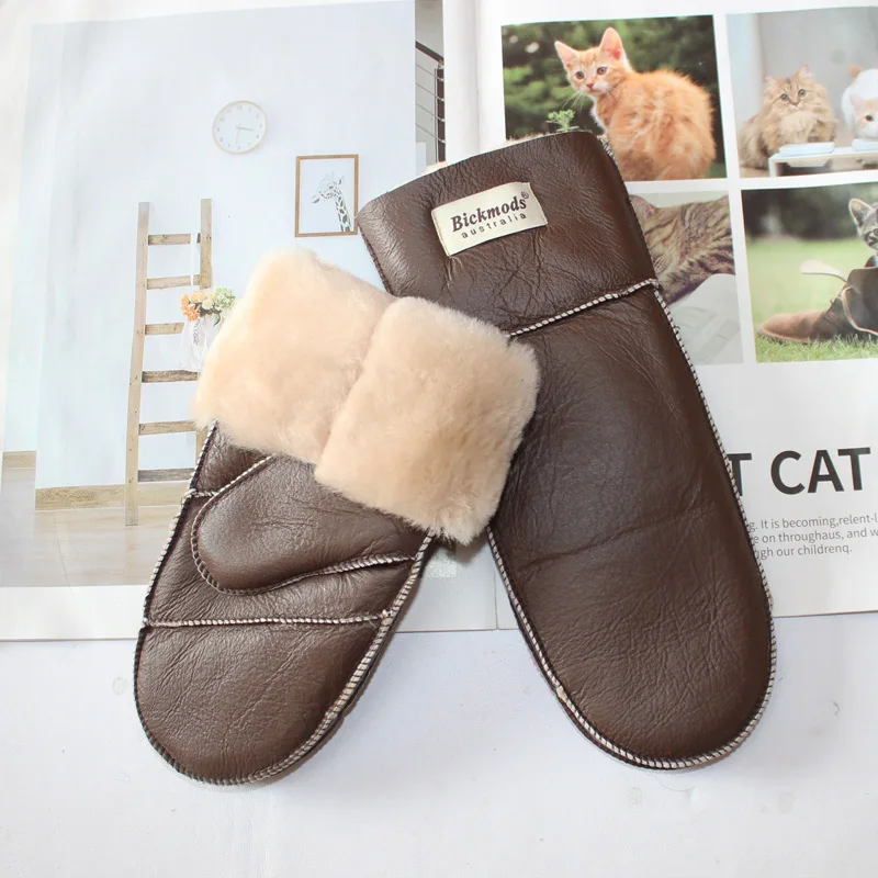 New Leather Women's Fur Gloves Winter Sheepskin Stitching Thick Warm Wool Lining Cold-Proof Mittens