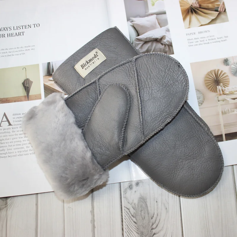New Leather Women's Fur Gloves Winter Sheepskin Stitching Thick Warm Wool Lining Cold-Proof Mittens