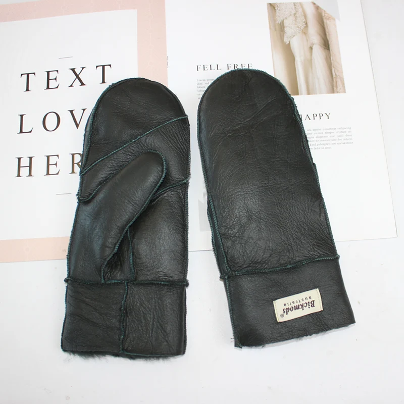 New Leather Women's Fur Gloves Winter Sheepskin Stitching Thick Warm Wool Lining Cold-Proof Mittens