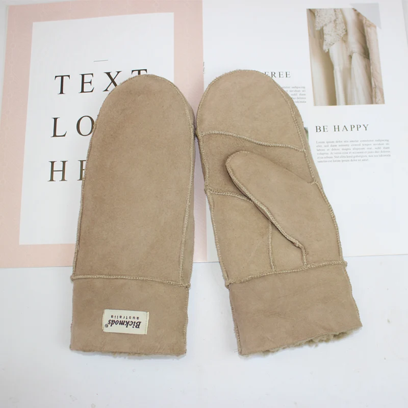 New Leather Women's Fur Gloves Winter Sheepskin Stitching Thick Warm Wool Lining Cold-Proof Mittens