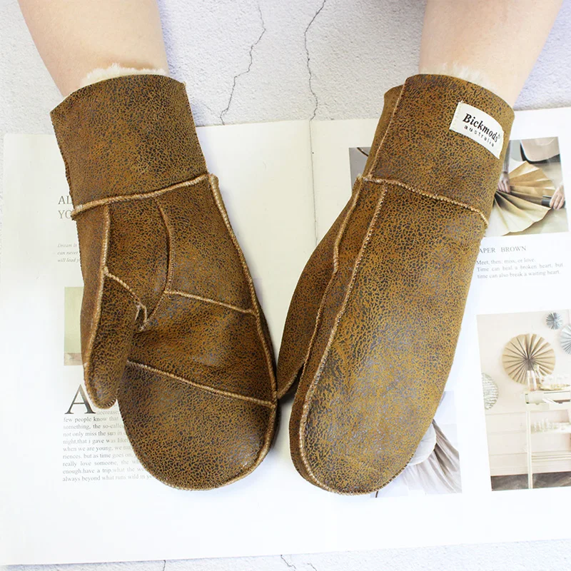 New Leather Women's Fur Gloves Winter Sheepskin Stitching Thick Warm Wool Lining Cold-Proof Mittens