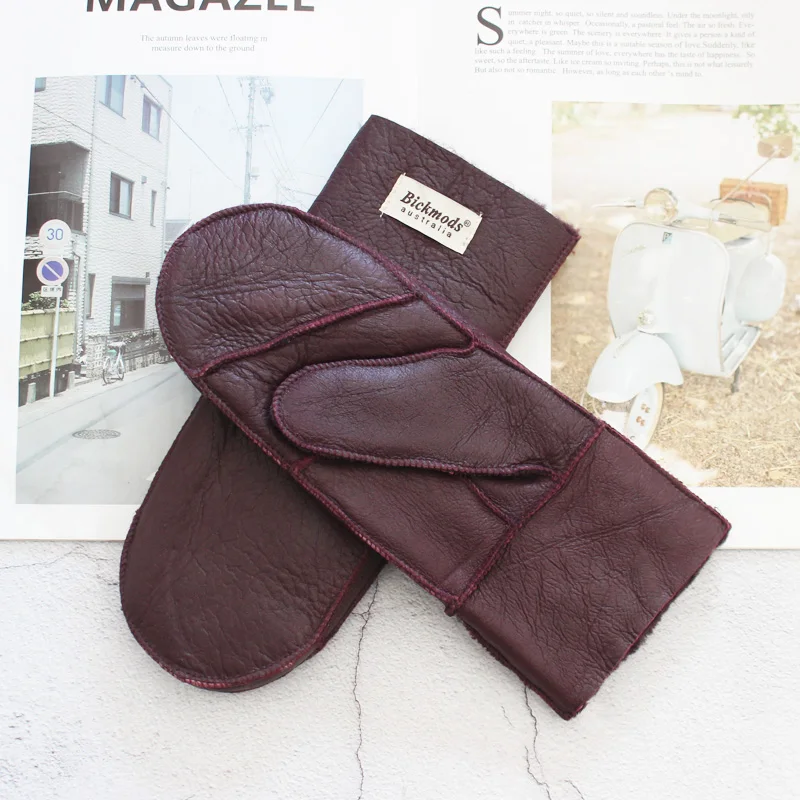 New Leather Women's Fur Gloves Winter Sheepskin Stitching Thick Warm Wool Lining Cold-Proof Mittens