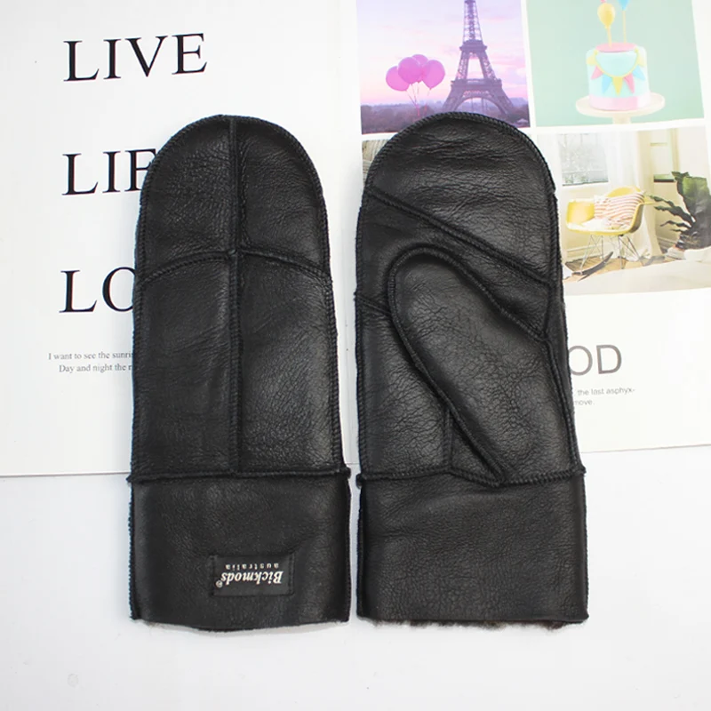 New Leather Women's Fur Gloves Winter Sheepskin Stitching Thick Warm Wool Lining Cold-Proof Mittens
