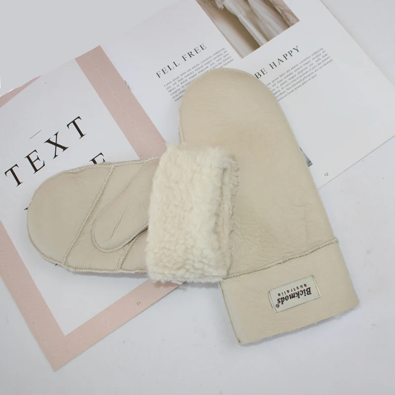 New Leather Women's Fur Gloves Winter Sheepskin Stitching Thick Warm Wool Lining Cold-Proof Mittens