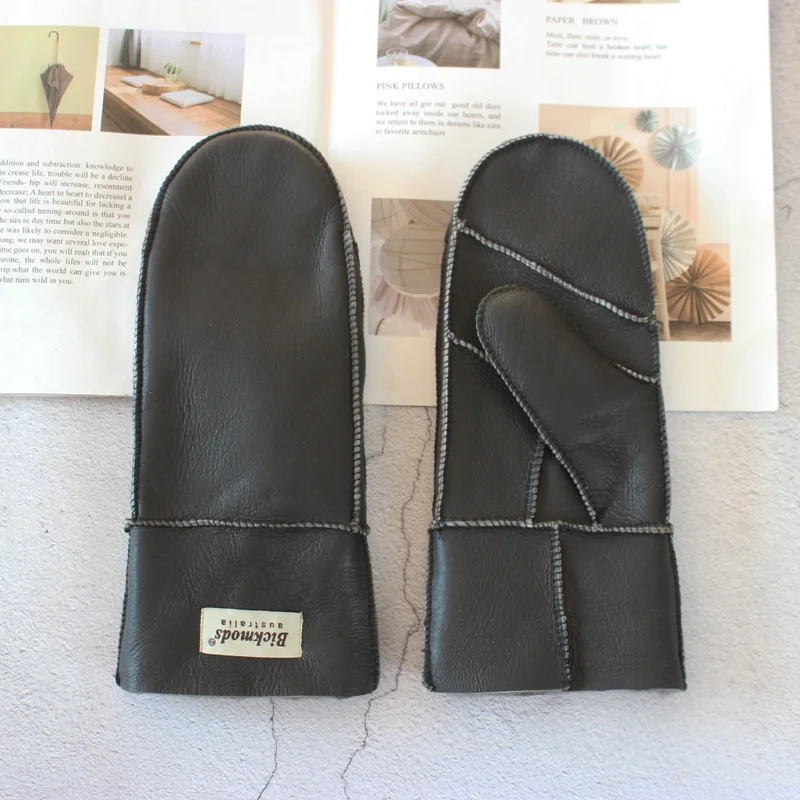 New Leather Women's Fur Gloves Winter Sheepskin Stitching Thick Warm Wool Lining Cold-Proof Mittens