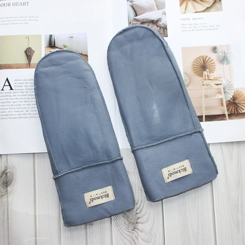 New Leather Women's Fur Gloves Winter Sheepskin Stitching Thick Warm Wool Lining Cold-Proof Mittens