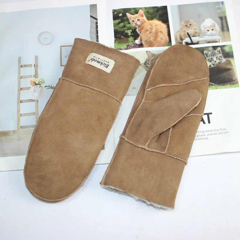 New Leather Women's Fur Gloves Winter Sheepskin Stitching Thick Warm Wool Lining Cold-Proof Mittens