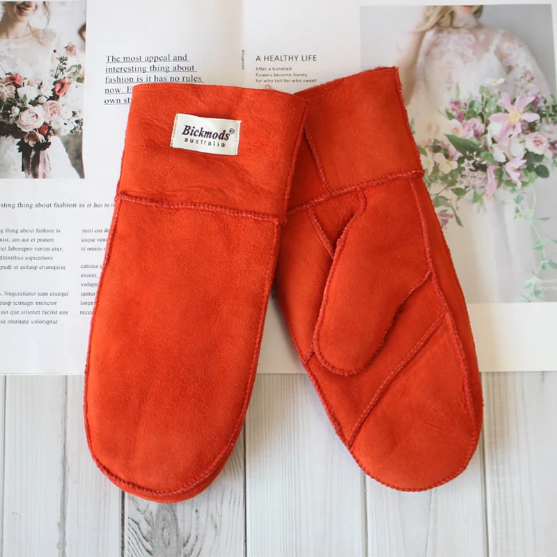 New Leather Women's Fur Gloves Winter Sheepskin Stitching Thick Warm Wool Lining Cold-Proof Mittens