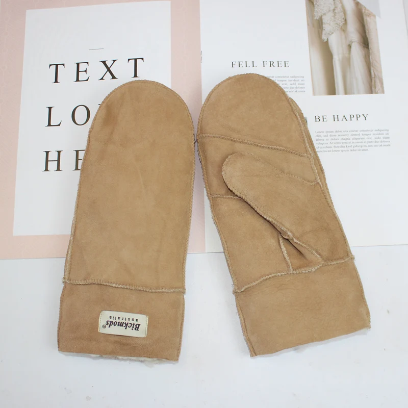 New Leather Women's Fur Gloves Winter Sheepskin Stitching Thick Warm Wool Lining Cold-Proof Mittens