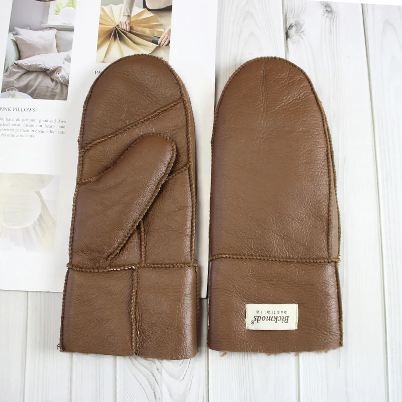New Leather Women's Fur Gloves Winter Sheepskin Stitching Thick Warm Wool Lining Cold-Proof Mittens