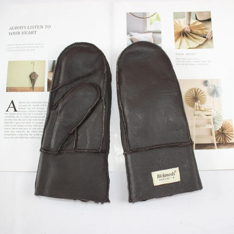 New Leather Women's Fur Gloves Winter Sheepskin Stitching Thick Warm Wool Lining Cold-Proof Mittens