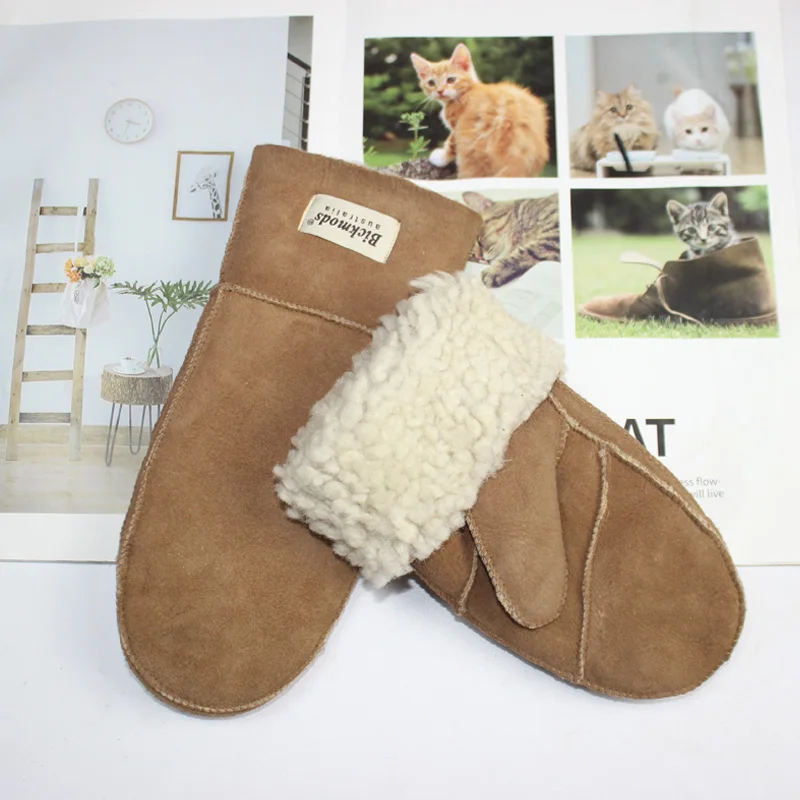 New Leather Women's Fur Gloves Winter Sheepskin Stitching Thick Warm Wool Lining Cold-Proof Mittens