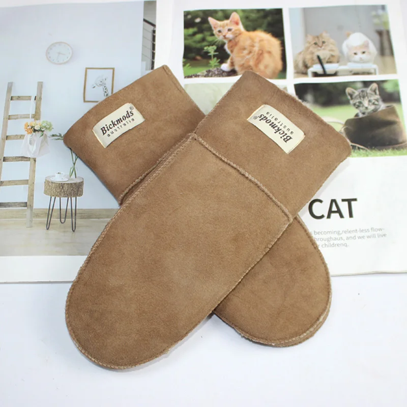 New Leather Women's Fur Gloves Winter Sheepskin Stitching Thick Warm Wool Lining Cold-Proof Mittens