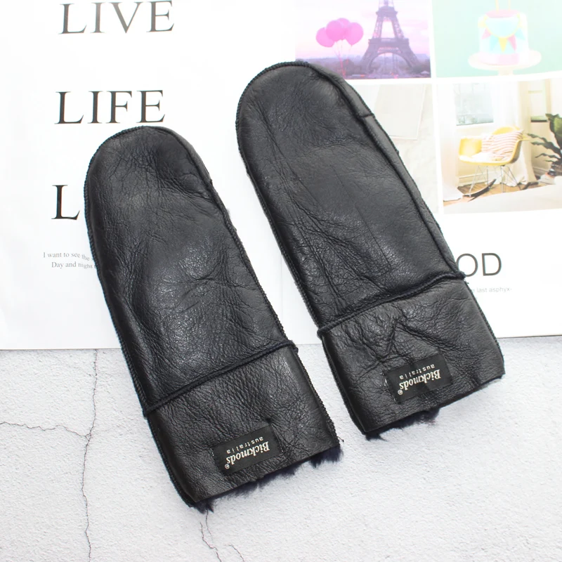 New Leather Women's Fur Gloves Winter Sheepskin Stitching Thick Warm Wool Lining Cold-Proof Mittens