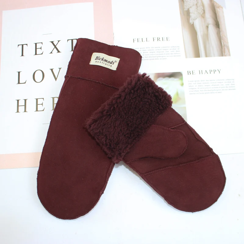 New Leather Women's Fur Gloves Winter Sheepskin Stitching Thick Warm Wool Lining Cold-Proof Mittens