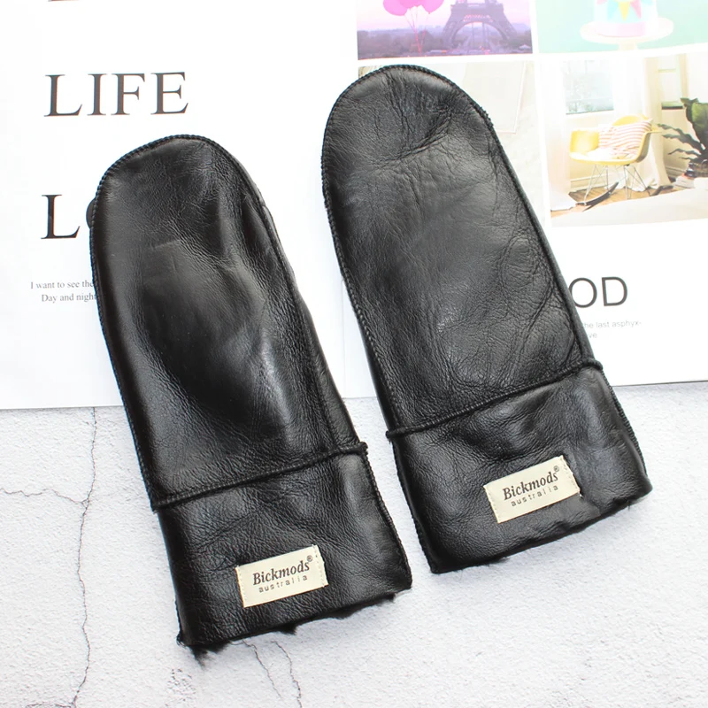 New Leather Women's Fur Gloves Winter Sheepskin Stitching Thick Warm Wool Lining Cold-Proof Mittens