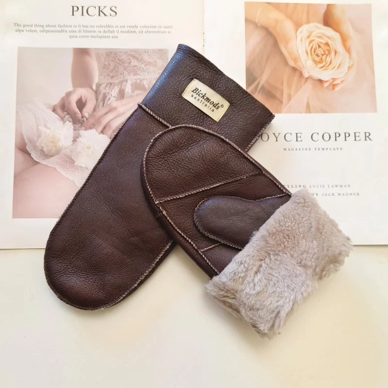 New Leather Women's Fur Gloves Winter Sheepskin Stitching Thick Warm Wool Lining Cold-Proof Mittens
