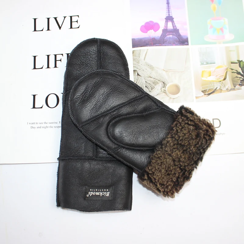New Leather Women's Fur Gloves Winter Sheepskin Stitching Thick Warm Wool Lining Cold-Proof Mittens