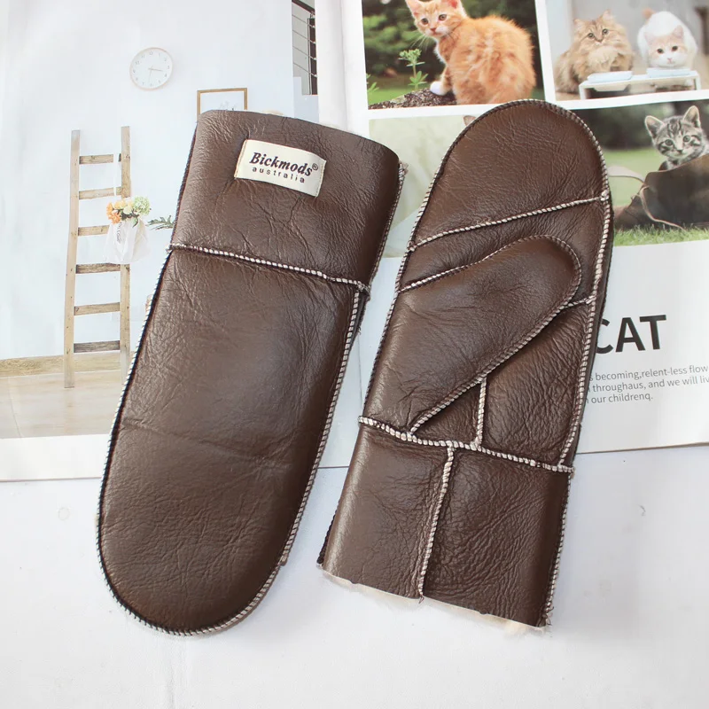 New Leather Women's Fur Gloves Winter Sheepskin Stitching Thick Warm Wool Lining Cold-Proof Mittens