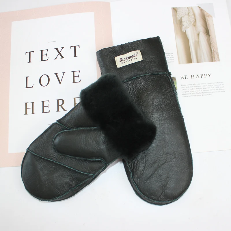 New Leather Women's Fur Gloves Winter Sheepskin Stitching Thick Warm Wool Lining Cold-Proof Mittens