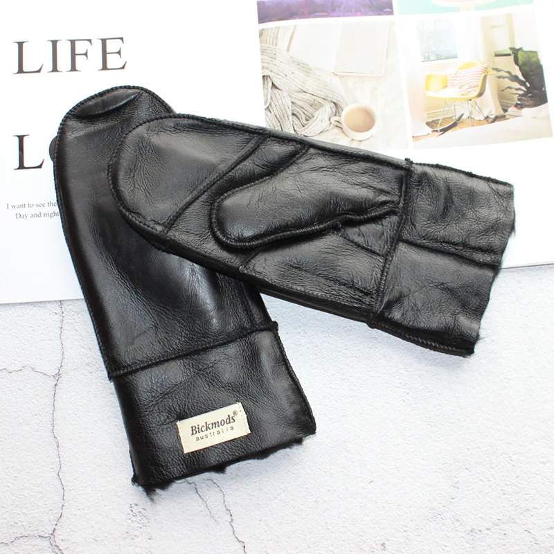 New Leather Women's Fur Gloves Winter Sheepskin Stitching Thick Warm Wool Lining Cold-Proof Mittens