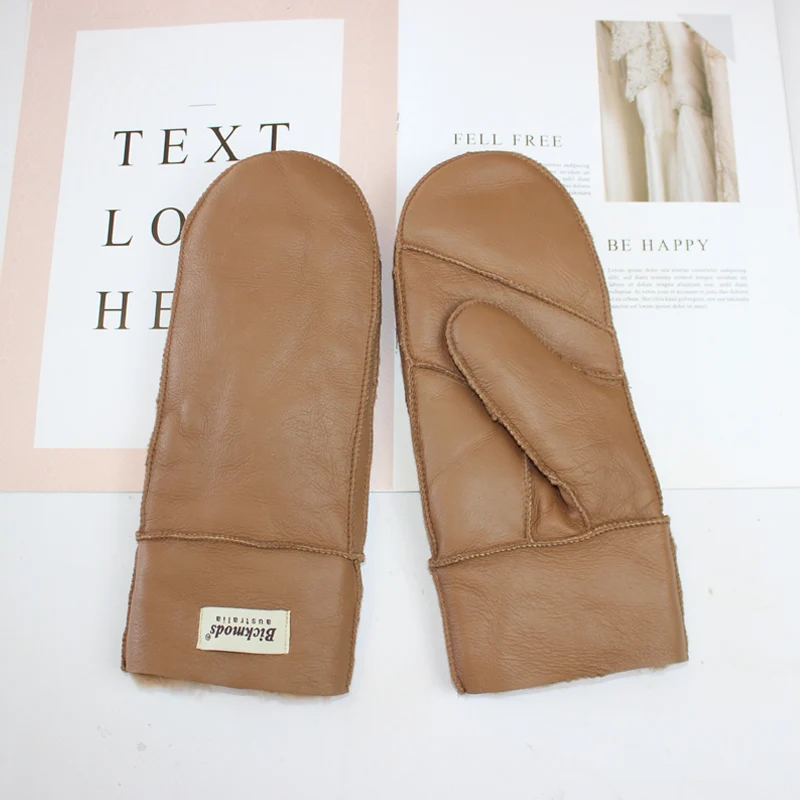 New Leather Women's Fur Gloves Winter Sheepskin Stitching Thick Warm Wool Lining Cold-Proof Mittens
