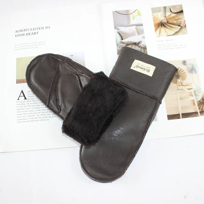 New Leather Women's Fur Gloves Winter Sheepskin Stitching Thick Warm Wool Lining Cold-Proof Mittens