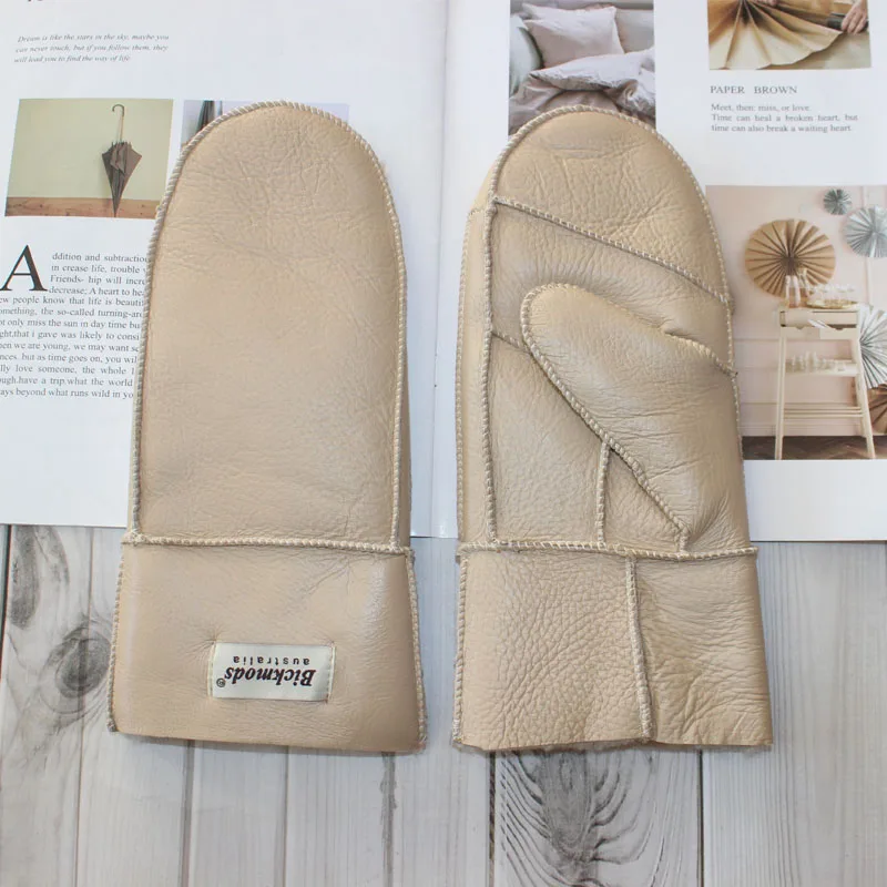 New Leather Women's Fur Gloves Winter Sheepskin Stitching Thick Warm Wool Lining Cold-Proof Mittens