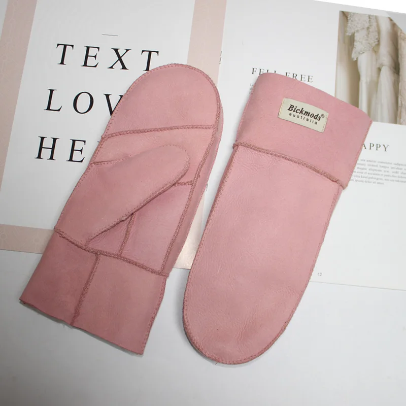New Leather Women's Fur Gloves Winter Sheepskin Stitching Thick Warm Wool Lining Cold-Proof Mittens