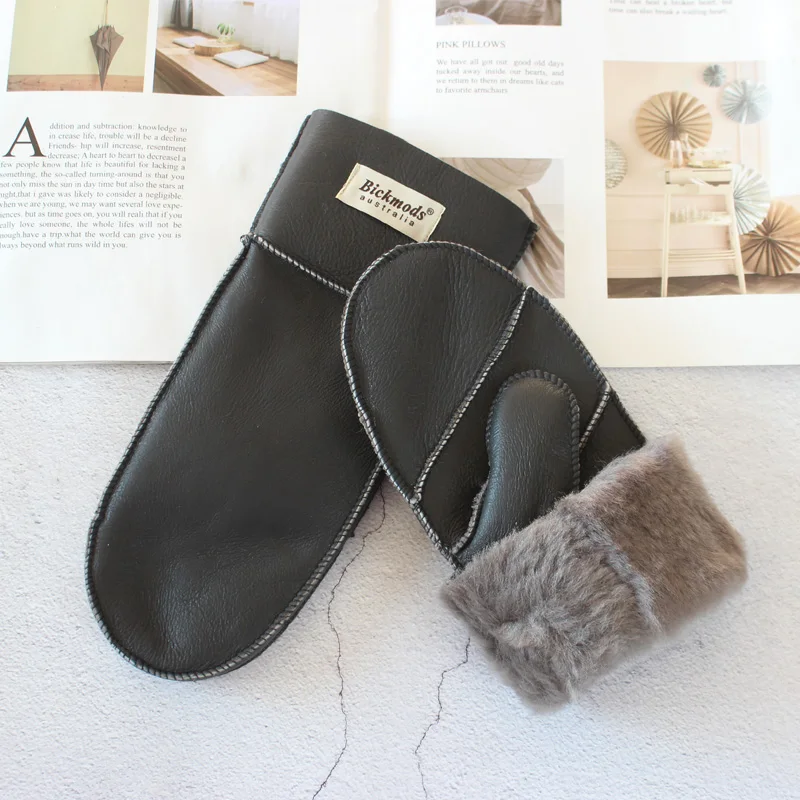 New Leather Women's Fur Gloves Winter Sheepskin Stitching Thick Warm Wool Lining Cold-Proof Mittens