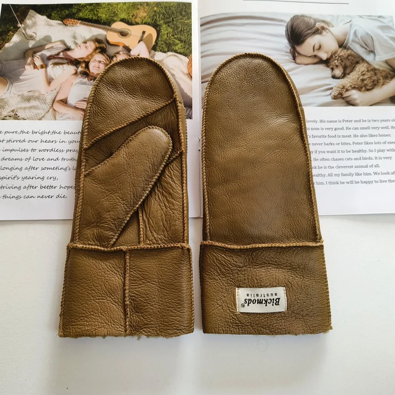 New Leather Women's Fur Gloves Winter Sheepskin Stitching Thick Warm Wool Lining Cold-Proof Mittens