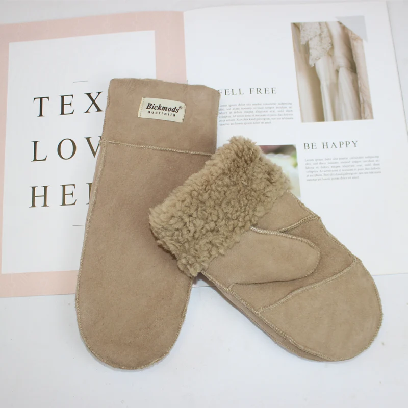 New Leather Women's Fur Gloves Winter Sheepskin Stitching Thick Warm Wool Lining Cold-Proof Mittens