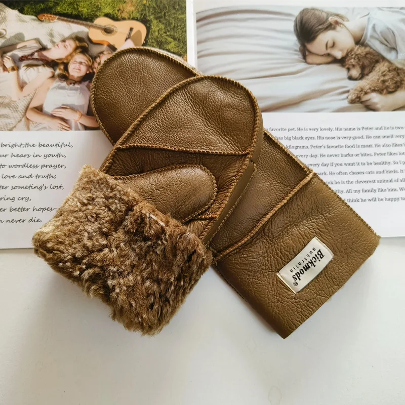 New Leather Women's Fur Gloves Winter Sheepskin Stitching Thick Warm Wool Lining Cold-Proof Mittens