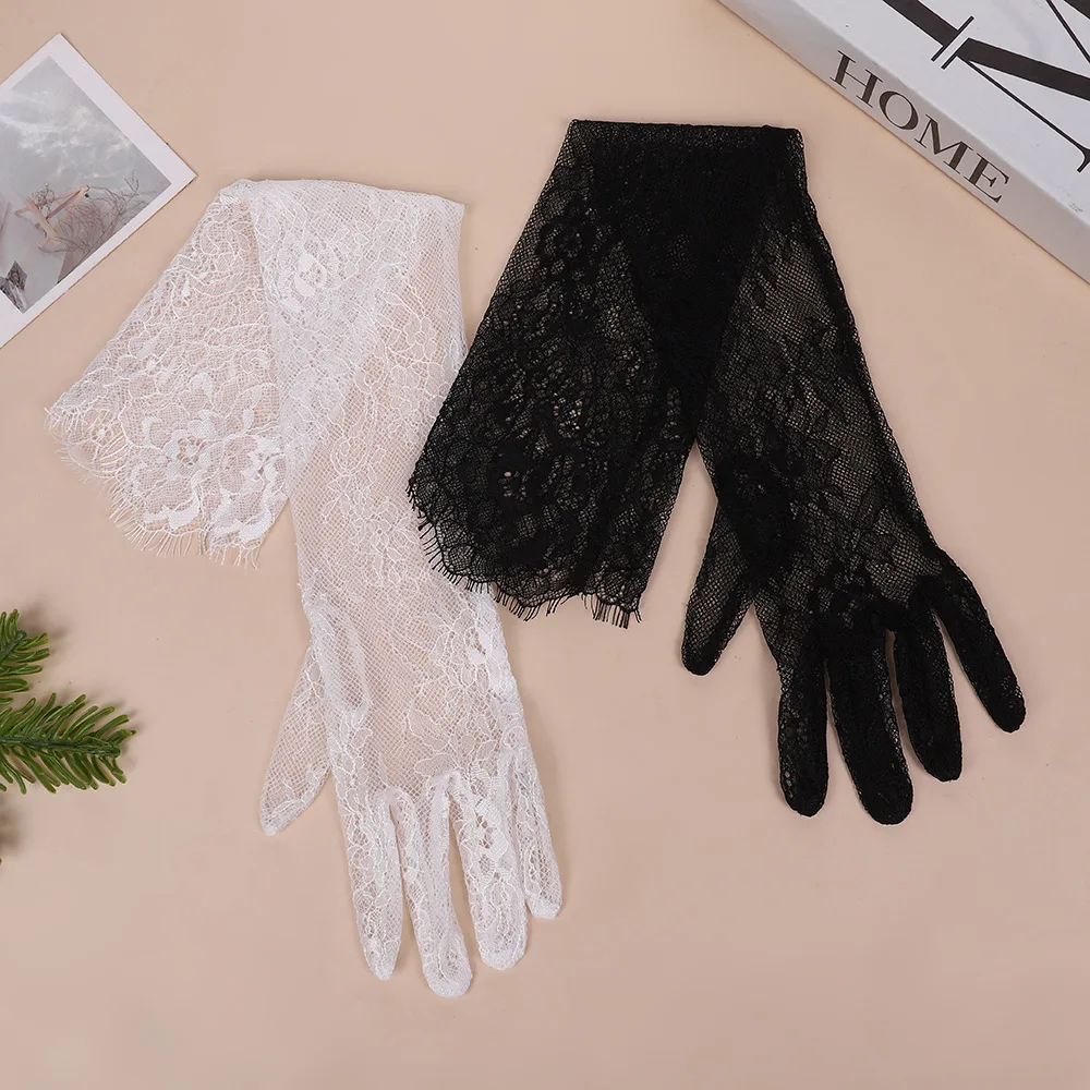 Black Long Lace Sexy Mesh Eyelash Gloves Tulle Bridal Wedding Elbow Opera Party Costume Accessories Thin Transparent Hollow Out