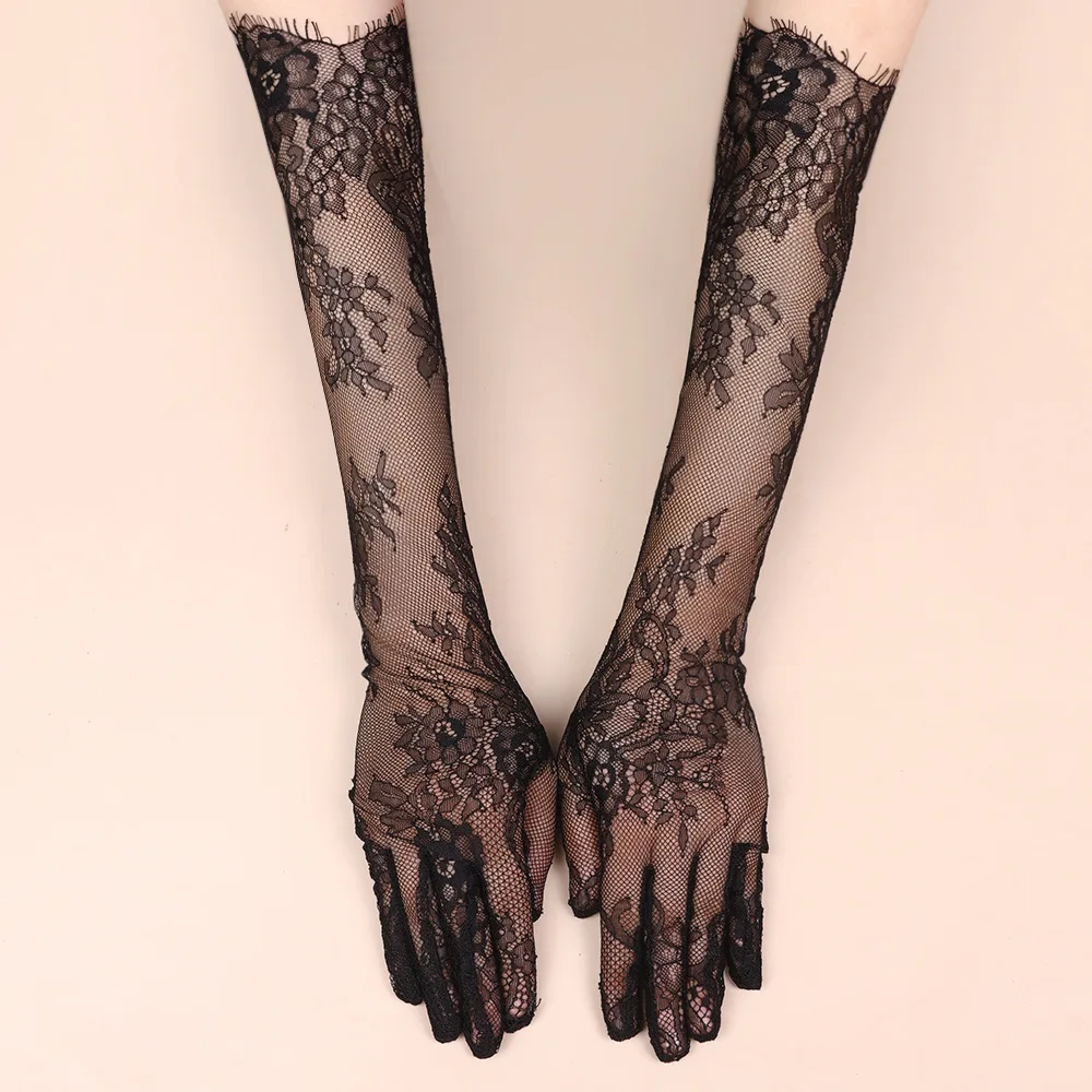 Black Long Lace Sexy Mesh Eyelash Gloves Tulle Bridal Wedding Elbow Opera Party Costume Accessories Thin Transparent Hollow Out