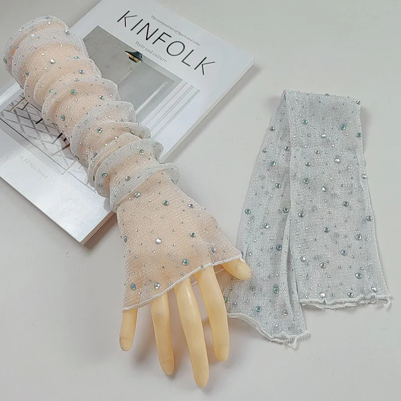 Sexy Wedding Bride Party Dress Dance Hot Drill Fingerless Sun Fishing Net Sleeve Glove Women Mesh Lace Rhinestone Mitten